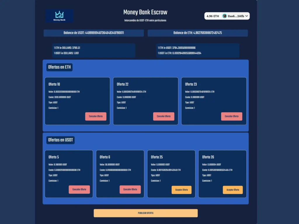 Imagen de una Dapp que permite crear y aceptar ofertas de intercambio de cripto monedas entre particulares
