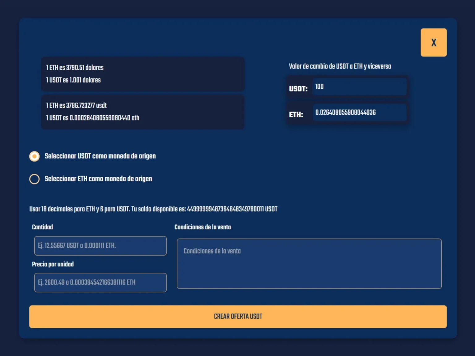Imagen de formulario de creación de escrows en una dapp de intercambio de criptomonedas