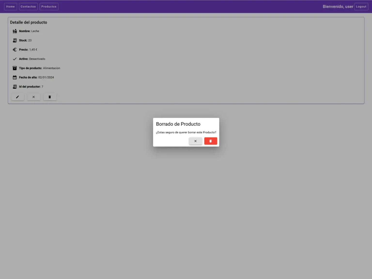 Imagen de la página de eliminar contacto de una aplicación para gestión de una tienda o almacén