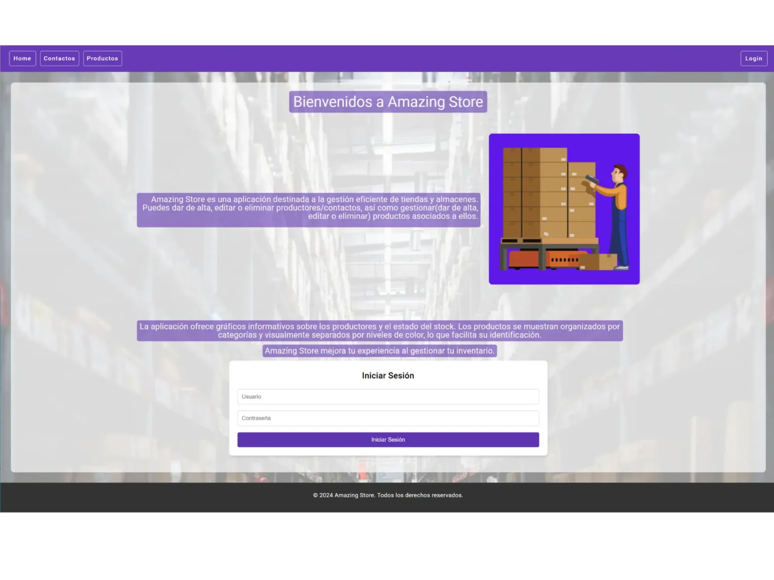 Página de login de una aplicación para gestión de una tienda o almacén