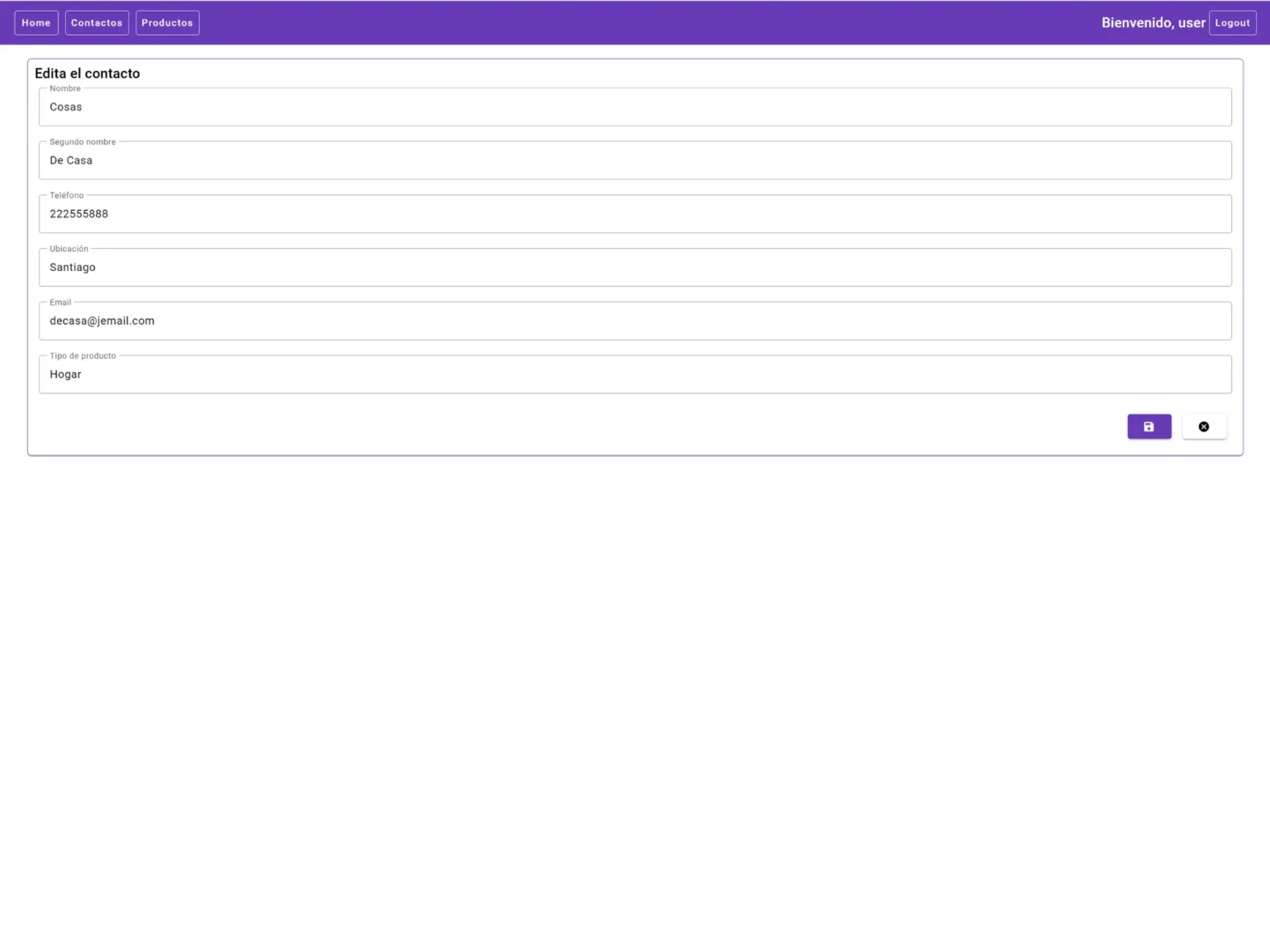 Imagen de la página de actualizar contacto de una aplicación para gestión de una tienda o almacén