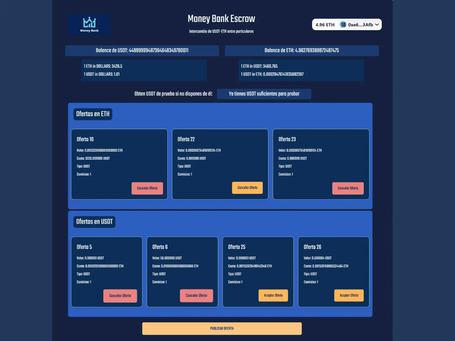 Aceptando una oferta se envía la cantidad asociada al intercambio y se recibe la depositada.